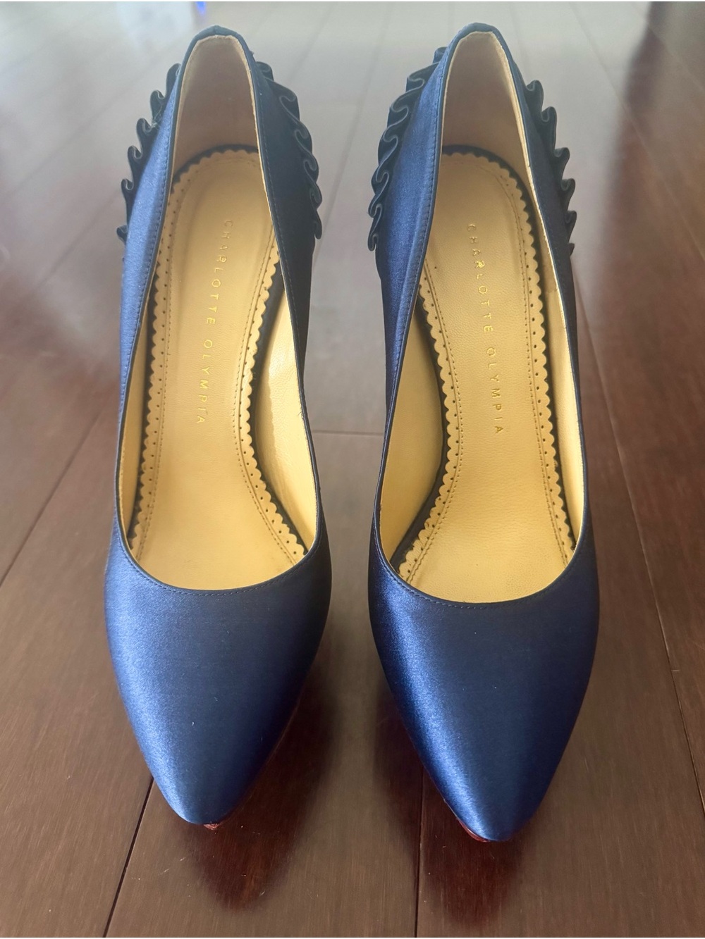 Charlotte Olympia Royal Blue Satin Ruffle-Trim Pointed Platform Pumps